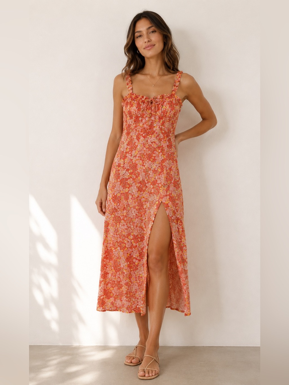 ASTR The Label Orange Floral Maxi Dress Small Ruched Tie Neckline Slit